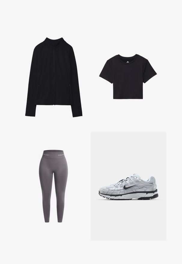 Zwarte zip-up jas met een hoge kraag, gemaakt van zacht materiaal. Voorzien van raglanmouwen en twee ritssluitingen aan de zijkant. Glad textuur.; Zwarte cropped t-shirt met korte mouwen, ronde halslijn, gemaakt van gladde stof. Minimalistisch ontwerp zonder zichtbare patronen of accenten.; Grijze naadloze leggings met een hoge tailleband, voorzien van witte merktekst. Gemaakt van een rekbare, soepele stof voor comfort.; Nike P-6000 sneakers met een lichtgrijze mesh bovenkant, zwarte accenten en een duurzame zwarte rubberen zool. Kenmerkt zich door een ingewikkeld ontwerp en vetersysteem.