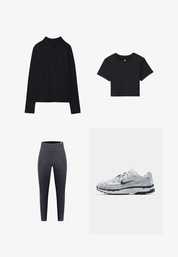 Veste noire zippée avec un col montant, fabriquée en tissu doux. Dotée de manches raglan et de deux poches latérales zippées. Texture lisse.; T-shirt noir cropped à manches courtes, col rond, fabriqué en tissu lisse. Design minimaliste sans motifs ni accents visibles.; Des leggings noirs en tissu extensible, dotés d'une taille haute, d'une texture lisse et d'une silhouette ajustée.; Baskets Nike P-6000 avec une tige en mesh gris clair, des accents noirs et une semelle en caoutchouc noir durable. Présente un design complexe et un système de laçage.