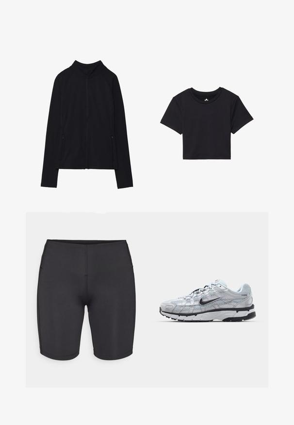 Fekete, cipzáros dzseki magas gallérral, puha anyagból készült. Raglán ujjakkal és két cipzáras oldalzsebbel rendelkezik. Simább textúra.; Fekete, rövid ujjú, cropped póló, kerek nyakkivágással, sima anyagból készült. Minimalista dizájn, látható minták vagy díszítések nélkül.; Even&Odd active LOW RISE CYCLING SHORTS
- Leggingek - black; Nike P-6000 sportcipő, világosszürke hálós felsőrésszel, fekete részletekkel és tartós fekete gumitalppal. Bonyolult dizájnnal és fűzőrendszerrel rendelkezik.