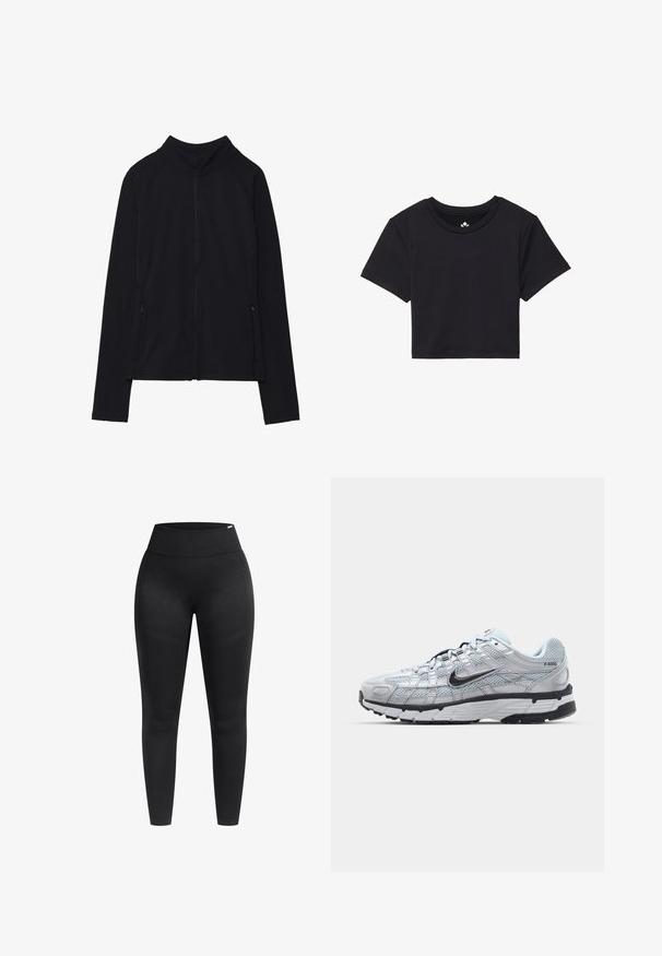 Sort zip-up jakke med høj krave, lavet af blødt stof. Den har raglanærmer og to lynlåslommer på siden. Glat tekstur.; Sort cropped t-shirt med korte ærmer, rund halsudskæring, lavet af glat stof. Minimalistisk design uden synlige mønstre eller accenter.; Sorte leggings med høj talje, glat struktur og tætsiddende design. Har minimal sømdetaljering og et strækbart materiale.; Nike P-6000 sneakers med en lys grå mesh overdel, sorte accenter og en holdbar sort gummisål. Har et detaljeret design og snøresystem.