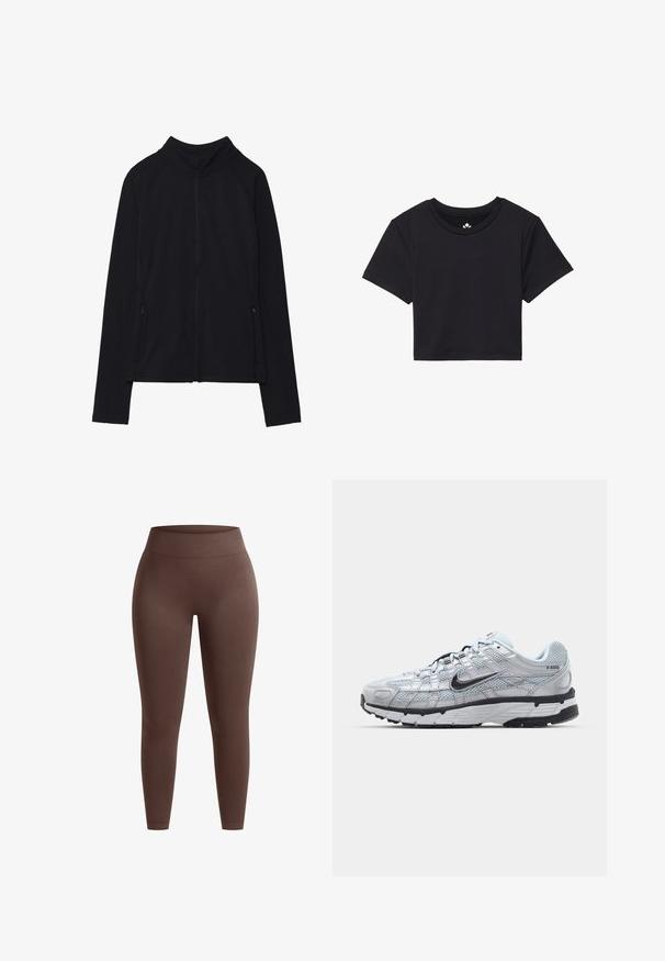 Giacca nera con zip e colletto alto, realizzata in tessuto morbido. Presenta maniche raglan e due tasche laterali con zip. Texture liscia.; T-shirt nera cropped con maniche corte, scollo rotondo, realizzata in tessuto liscio. Design minimalista senza motivi o accenti visibili.; Leggings marroni a vita alta realizzati in un tessuto morbido e elastico. Caratterizzati da una forma aderente con vita senza cuciture per comfort e flessibilità.; Sneakers Nike P-6000 con una toma superiore in mesh grigio chiaro, accenti neri e una resistente suola in gomma nera. Dotati di un design intricato e di un sistema di allacciatura.