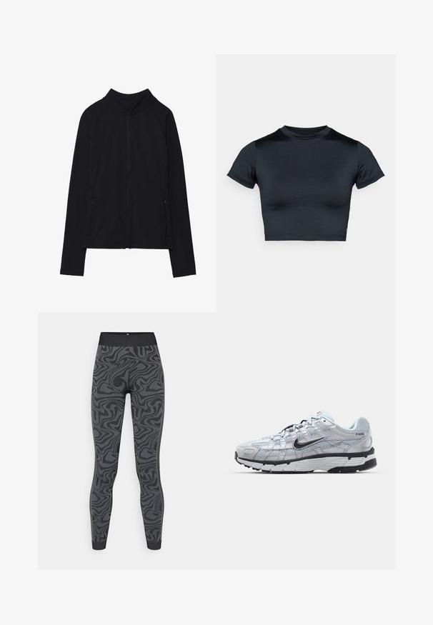 Zwarte zip-up jas met een hoge kraag, gemaakt van zacht materiaal. Voorzien van raglanmouwen en twee ritssluitingen aan de zijkant. Glad textuur.; Kort mouw cropped top in donker marineblauw, gemaakt van glad, rekbaar stof. Voorzien van een ronde halslijn en minimale stikdetails. Geen zichtbare logo's.; Leggings van rekbaar materiaal in donkergrijs met een gestructureerd, draaiend zwart patroon; aansluitend ontwerp met een brede tailleband en omgezoomde manchetten.; Nike P-6000 sneakers met een lichtgrijze mesh bovenkant, zwarte accenten en een duurzame zwarte rubberen zool. Kenmerkt zich door een ingewikkeld ontwerp en vetersysteem.