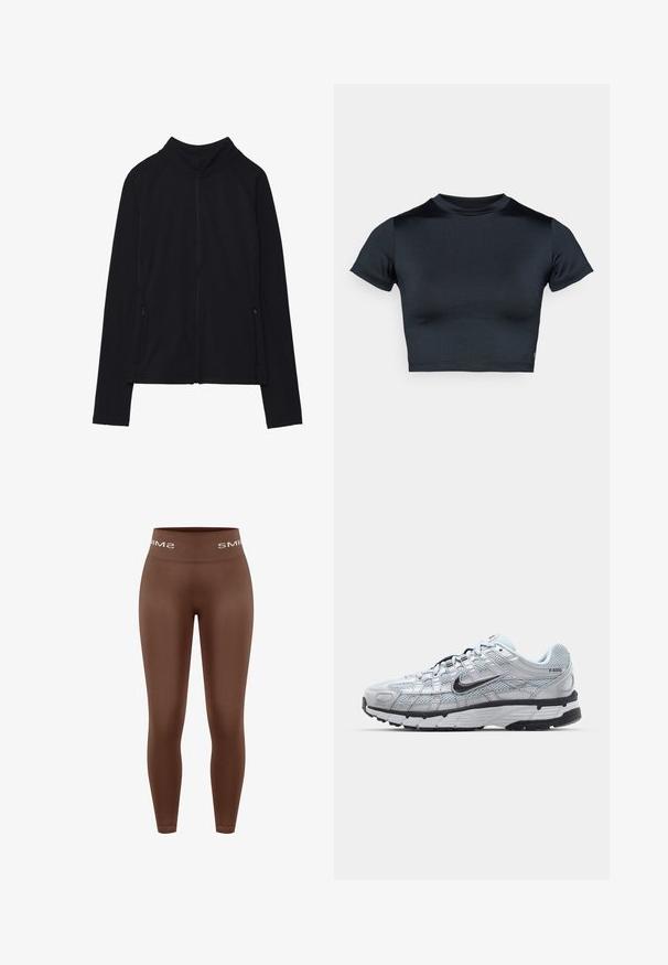 Chaqueta negra con cremallera y cuello alto, hecha de un tejido suave. Presenta mangas raglán y dos bolsillos laterales con cremallera. Textura suave.; Top corto de manga corta en azul marino oscuro, hecho de tela lisa y elástica. Presenta un escote redondo y detalles mínimos de costura. No se ven logotipos.; Leggings marrones de cintura alta con una textura suave, que cuentan con una cinturilla de punto con el logo "SMIMS" en blanco, diseño ajustado y corte de longitud completa.; Zapatillas Nike P-6000 con parte superior de malla gris claro, acentos negros y suela de goma negra duradera. Presentan un diseño intrincado y un sistema de cordones.