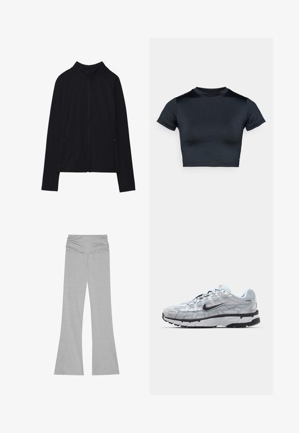 Czarna kurtka zapinana na zamek z wysokim kołnierzem, wykonana z miękkiego materiału. Posiada rękawy raglanowe oraz dwie kieszenie boczne zapinane na zamek. Gładka tekstura.; Krótki top z krótkim rękawem w ciemnym granacie, wykonany z gładkiej, elastycznej tkaniny. Posiada okrągły dekolt i minimalne przeszycia. Brak widocznych logo.; Rozszerzane szare spodnie wykonane z miękkiego, elastycznego materiału. Posiadają marszczony pas dla wygody. Gładka struktura z luźnym krojem na całej długości.; Nike P-6000 sneakers z jasnoszarym siateczkowym wierzchem, czarnymi akcentami i trwałą czarną gumową podeszwą. Charakteryzują się skomplikowanym wzornictwem i systemem sznurowania.