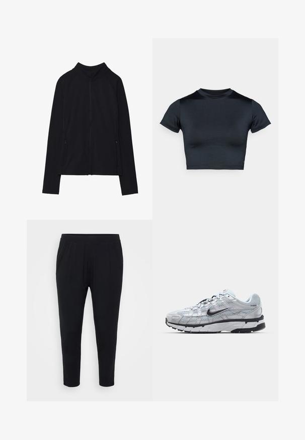 Svart zip-up jakke med høy krage, laget av mykt materiale. Har raglanerm sleeves og to glidelåslommer på siden. Jevn tekstur.; Kortermet cropped topp i mørk marineblå, laget av glatt, stretchstoff. Har rund hals og minimale sømdetaljer. Ingen synlige logoer.; Sorte bukser med en afslappet pasform, elastisk talje og subtile folder. Lavet af et blødt stof, med smalnede ben og uden lommer.; Nike P-6000 sneakers med en lys grå mesh-overdel, sorte detaljer og en slitesterk svart gummisåle. Har et intrikat design og snøresystem.