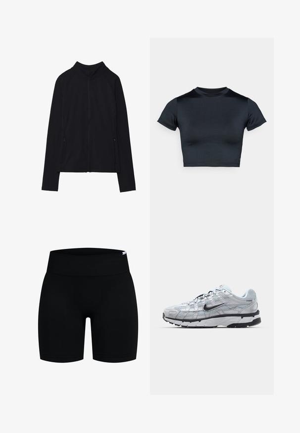 Zwarte zip-up jas met een hoge kraag, gemaakt van zacht materiaal. Voorzien van raglanmouwen en twee ritssluitingen aan de zijkant. Glad textuur.; Kort mouw cropped top in donker marineblauw, gemaakt van glad, rekbaar stof. Voorzien van een ronde halslijn en minimale stikdetails. Geen zichtbare logo's.; Zwarte sportieve shorts met een brede, geribbelde tailleband. Gemaakt van gladde, rekbare stof met een getailleerde pasvorm en een korte zoom.; Nike P-6000 sneakers met een lichtgrijze mesh bovenkant, zwarte accenten en een duurzame zwarte rubberen zool. Kenmerkt zich door een ingewikkeld ontwerp en vetersysteem.
