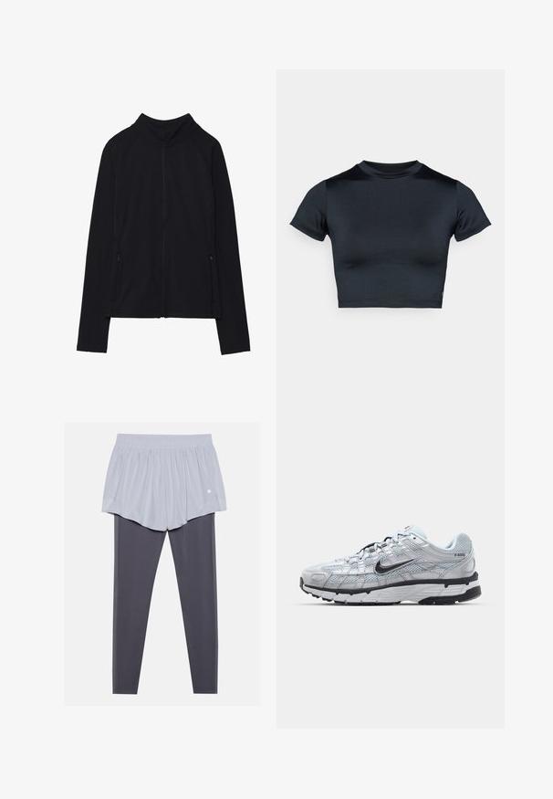 Sort zip-up jakke med høj krave, lavet af blødt stof. Den har raglanærmer og to lynlåslommer på siden. Glat tekstur.; Kortærmet cropped top i mørk navy, lavet af glat, stretchstof. Har rund halsudskæring og minimale syningsdetaljer. Ingen synlige logoer.; Lys grå atletiske shorts med elastisk talje, lagd over mørkegrå leggings. Begge materialer er glatte, strækbare og tætsiddende.; Nike P-6000 sneakers med en lys grå mesh overdel, sorte accenter og en holdbar sort gummisål. Har et detaljeret design og snøresystem.