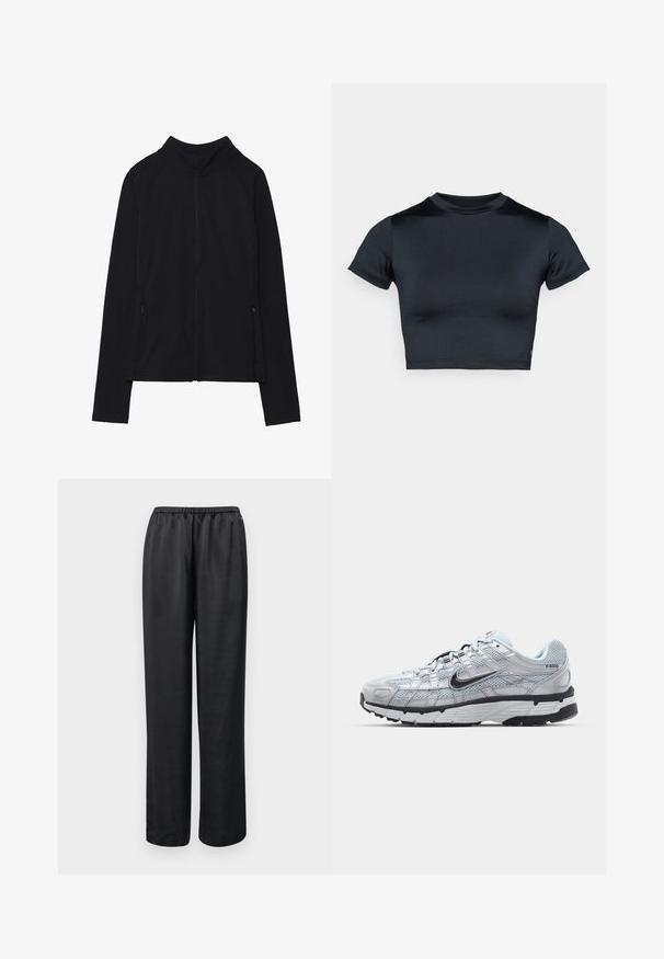 Črna zip-up jakna z visokim ovratnikom, narejena iz mehkega materiala. Ima raglan rokave in dve žepni zadrgi na straneh. Gladka tekstura.; Kratka majica s kratkimi rokavi v temno mornarsko modri barvi, izdelana iz gladkega, raztegljivega materiala. Ima okrogel izrez in minimalne šivane detajle. Brez vidnih logotipov.; Črne hlače ohlapnega kroja z elastičnim pasom. Narejene iz gladkega materiala, z ravnimi nogavicami in brez vidnih žepov ali okrasnih elementov.; Nike P-6000 športni copati z lahkim sivim mrežastim zgornjim delom, črnimi dodatki in trdim črnim gumijastim podplatom. Imajo zapleten dizajn in sistem vezalk.