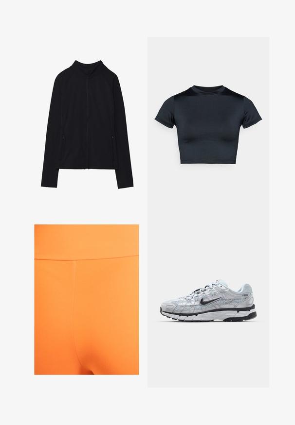 Svart zip-up jacka med hög krage, tillverkad av mjukt tyg. Har raglanärmar och två dragkedjefickor på sidan. Slät textur.; Kortärmad croppad top i mörk marinblått, gjord av mjukt, stretchigt tyg. Har rund halsringning och minimala sömnadsdetaljer. Inga synliga logotyper.; Orange leggings gjorda av mjukt, stretchigt material med en slät yta. Har en hög midjeband och minimala sömnadsdetaljer.; Nike P-6000 sneakers med en ljusgrå nätövre, svarta accenter och en hållbar sula i svart gummi. Har en intrikat design och snörningssystem.