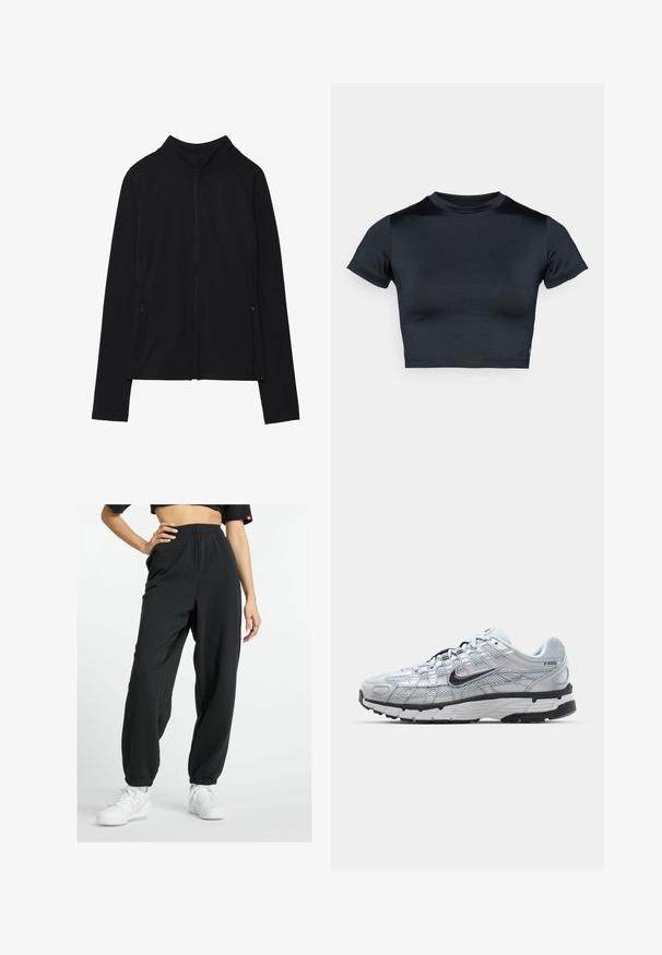 Zwarte zip-up jas met een hoge kraag, gemaakt van zacht materiaal. Voorzien van raglanmouwen en twee ritssluitingen aan de zijkant. Glad textuur.; Kort mouw cropped top in donker marineblauw, gemaakt van glad, rekbaar stof. Voorzien van een ronde halslijn en minimale stikdetails. Geen zichtbare logo's.; New Balance ESSENTIALS FRENCH JOGGER - Trainingsbroek - black; Nike P-6000 sneakers met een lichtgrijze mesh bovenkant, zwarte accenten en een duurzame zwarte rubberen zool. Kenmerkt zich door een ingewikkeld ontwerp en vetersysteem.