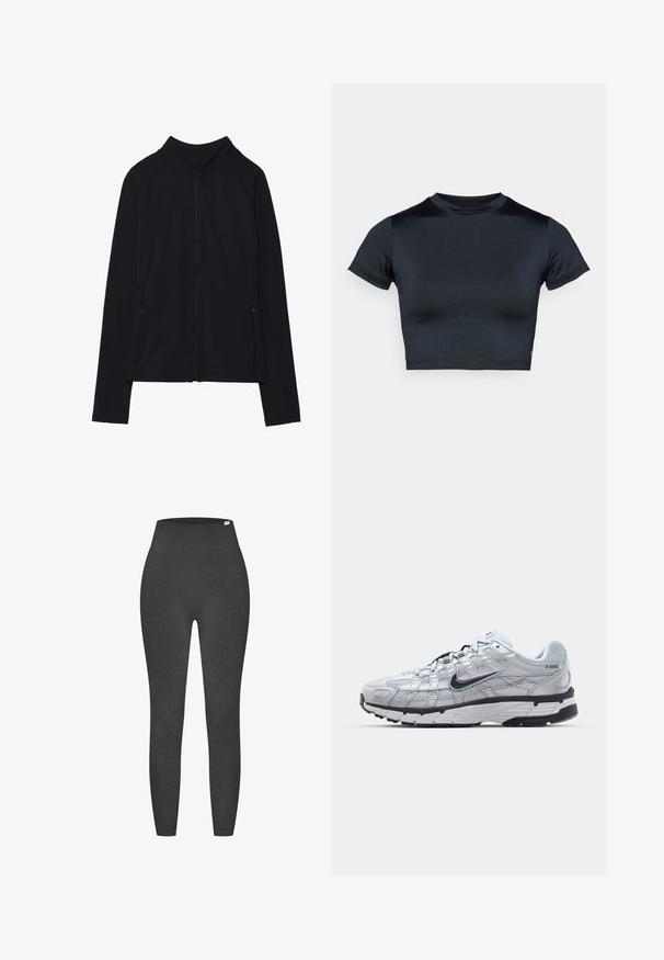 Zwarte zip-up jas met een hoge kraag, gemaakt van zacht materiaal. Voorzien van raglanmouwen en twee ritssluitingen aan de zijkant. Glad textuur.; Kort mouw cropped top in donker marineblauw, gemaakt van glad, rekbaar stof. Voorzien van een ronde halslijn en minimale stikdetails. Geen zichtbare logo's.; Hoge taille zwarte leggings gemaakt van rekbare, gestructureerde stof. Heeft een gladde tailleband en een getailleerd silhouet. Geen zichtbare patronen.; Nike P-6000 sneakers met een lichtgrijze mesh bovenkant, zwarte accenten en een duurzame zwarte rubberen zool. Kenmerkt zich door een ingewikkeld ontwerp en vetersysteem.