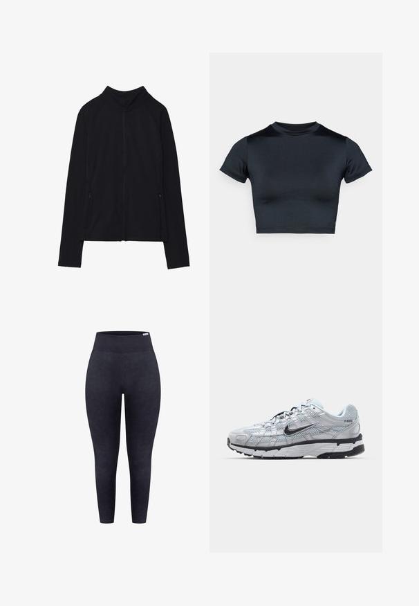 Czarna kurtka zapinana na zamek z wysokim kołnierzem, wykonana z miękkiego materiału. Posiada rękawy raglanowe oraz dwie kieszenie boczne zapinane na zamek. Gładka tekstura.; Krótki top z krótkim rękawem w ciemnym granacie, wykonany z gładkiej, elastycznej tkaniny. Posiada okrągły dekolt i minimalne przeszycia. Brak widocznych logo.; Czarne legginsy o wysokim stanie, wykonane z teksturowanej tkaniny o gładkim wykończeniu, z szerokim elastycznym pasem i bezszwowymi bokami.; Nike P-6000 sneakers z jasnoszarym siateczkowym wierzchem, czarnymi akcentami i trwałą czarną gumową podeszwą. Charakteryzują się skomplikowanym wzornictwem i systemem sznurowania.
