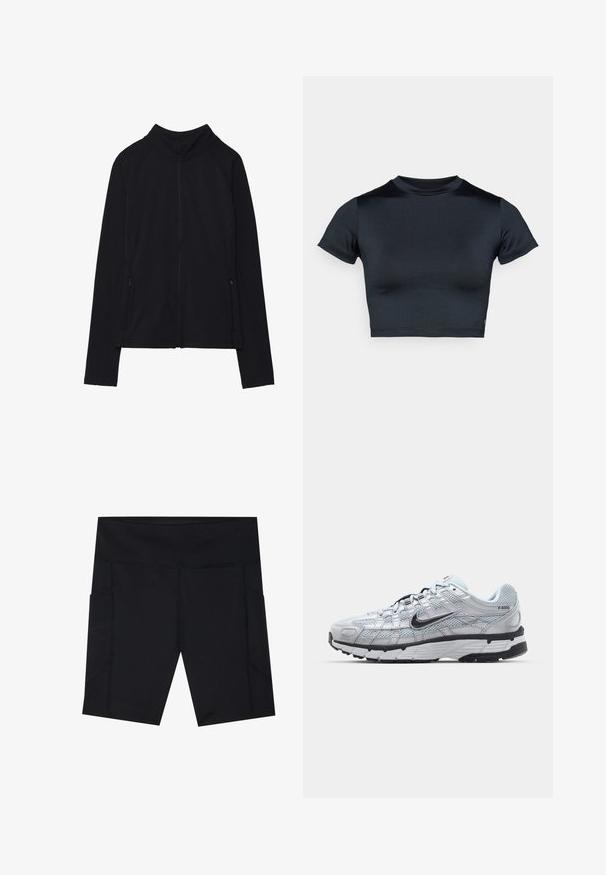 Black zip-up jacket with a high collar, made of soft fabric. Features raglan sleeves and two zippered side pockets. Smooth texture.; Short-sleeve cropped top in dark navy, made of smooth, stretch fabric. Features a round neckline and minimal stitching details. No logos visible.; Black athletic shorts made of stretchy, moisture-wicking fabric. Features two side pockets and flatlock seams for comfort.; Nike P-6000 sneakers with a light grey mesh upper, black accents, and a durable black rubber sole. Features intricate design and lacing system.