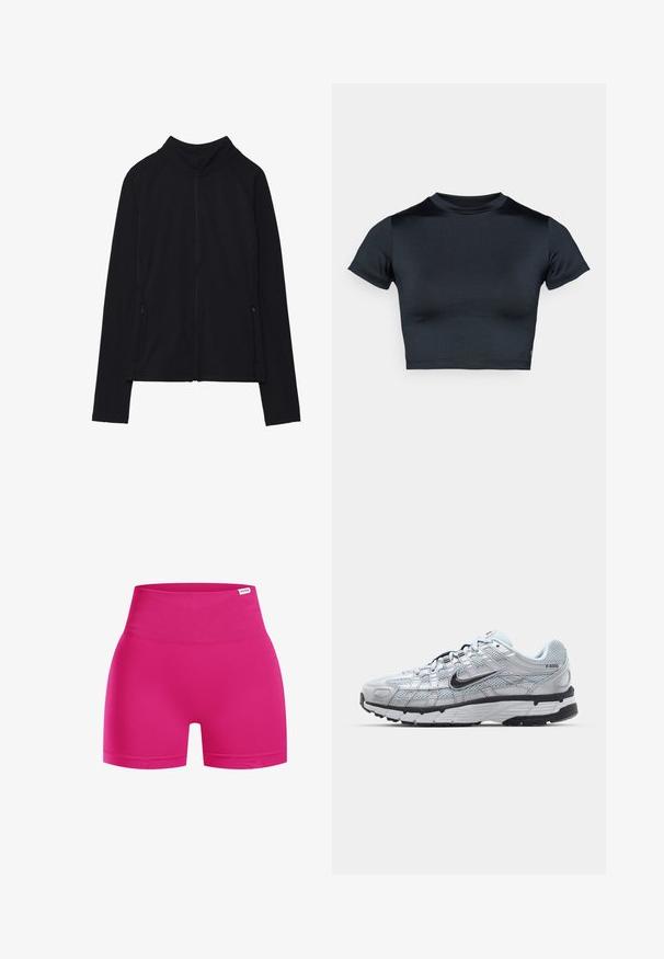 Svart zip-up jacka med hög krage, tillverkad av mjukt tyg. Har raglanärmar och två dragkedjefickor på sidan. Slät textur.; Kortärmad croppad top i mörk marinblått, gjord av mjukt, stretchigt tyg. Har rund halsringning och minimala sömnadsdetaljer. Inga synliga logotyper.; Rosa högmidjade shorts gjorda av stretchigt tyg, med en slät textur och en figurnära design. Inga synliga loggor eller mönster.; Nike P-6000 sneakers med en ljusgrå nätövre, svarta accenter och en hållbar sula i svart gummi. Har en intrikat design och snörningssystem.