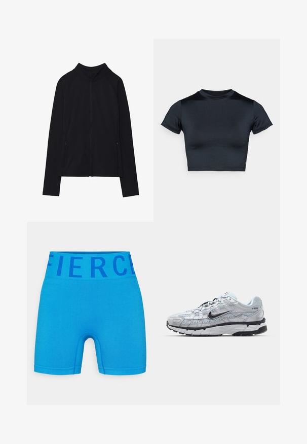 Giacca nera con zip e colletto alto, realizzata in tessuto morbido. Presenta maniche raglan e due tasche laterali con zip. Texture liscia.; Top corto a maniche corte in blu navy scuro, realizzato in tessuto liscio e elasticizzato. Presenta una scollatura tonda e dettagli di cuciture minimali. Nessun logo visibile.; Pantaloni corti sportivi blu realizzati in tessuto elasticizzato, con una fascia ampia in vita che riporta la parola "Fierce" in blu scuro. Superficie liscia e design aderente.; Sneakers Nike P-6000 con una toma superiore in mesh grigio chiaro, accenti neri e una resistente suola in gomma nera. Dotati di un design intricato e di un sistema di allacciatura.