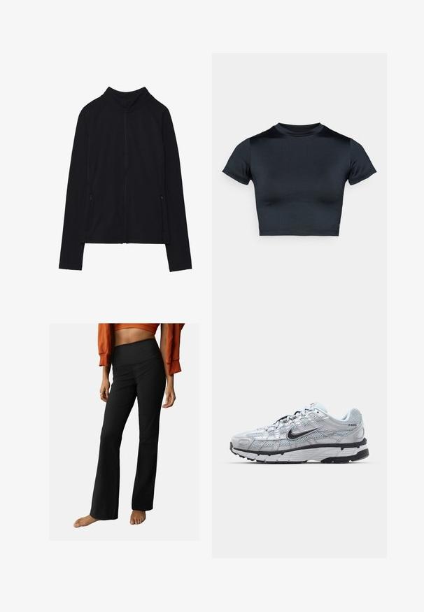 Jachetă neagră cu fermoar, cu guler înalt, fabricată dintr-un material moale. Prezintă mâneci raglan și două buzunare laterale cu fermoar. Textură netedă.; Top scurt cu mâneci scurte, cropped, în nuanță bleumarin închis, realizat dintr-un material neted și elastic. Are un decolteu rotund și detalii minime de cusături. Fără logo-uri vizibile.; Pantaloni negri cu revere largi și talie înaltă, având o textură netedă și un design simplu. Accentele includ un ușor flaring la tiv.; Tenisii Nike P-6000 cu un upper din plasă gri deschis, accente negre și o talpă din cauciuc negru durabilă. Caracterizează un design complex și un sistem de șireturi sofisticat.