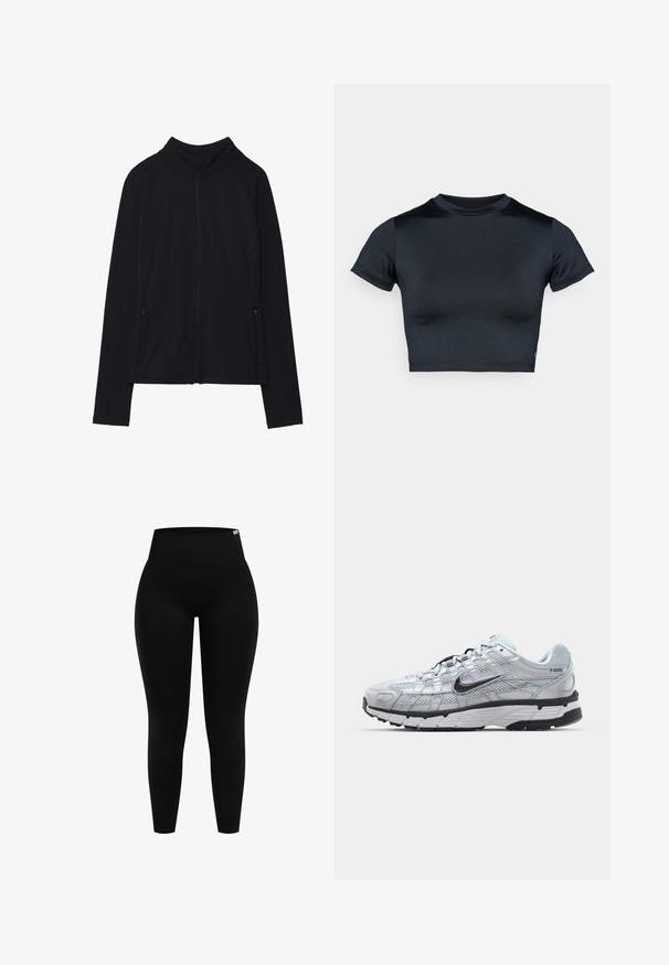 Czarna kurtka zapinana na zamek z wysokim kołnierzem, wykonana z miękkiego materiału. Posiada rękawy raglanowe oraz dwie kieszenie boczne zapinane na zamek. Gładka tekstura.; Krótki top z krótkim rękawem w ciemnym granacie, wykonany z gładkiej, elastycznej tkaniny. Posiada okrągły dekolt i minimalne przeszycia. Brak widocznych logo.; Czarne legginsy z wysokim, żebrowanym pasem. Wykonane z elastycznego materiału o gładkiej teksturze. Dopasowany krój od talii do kostek.; Nike P-6000 sneakers z jasnoszarym siateczkowym wierzchem, czarnymi akcentami i trwałą czarną gumową podeszwą. Charakteryzują się skomplikowanym wzornictwem i systemem sznurowania.