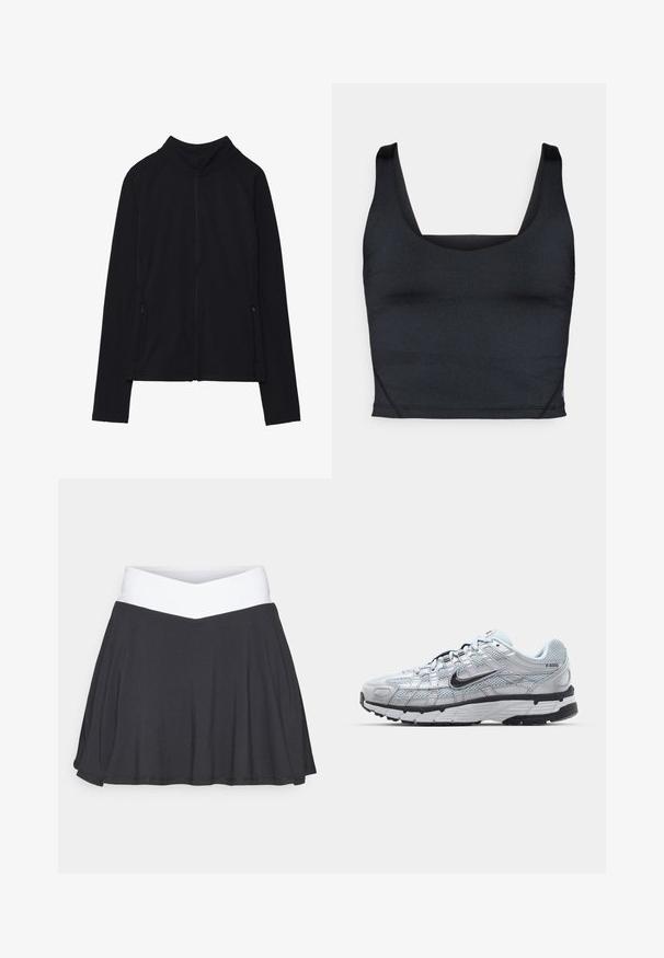 Musta vetoketjullinen takki korkealla kauluksella, valmistettu pehmeästä kankaasta. Varustettu raglan-hihoilla ja kahdella vetoketjullisella sivutaskulla. Sileä pinta.; Musta lyhennetty tankkitoppi, jossa on sileä, joustava kangas, leveät olkaimet ja neliskulmainen pääntie, jossa on minimaalinen ompelusdetaili.; Musta skort, jossa on valkoinen ristiin menevä vyötärö. Valmistettu pehmeästä ja joustavasta kankaasta, jossa on liehuva muotoilu ja sileä pinta.; Nike P-6000 tennarit, joissa on vaaleanharmaa verkkomateriaali, mustia yksityiskohtia ja kestävä musta kumipohja. Ominaisuuksia ovat monimutkainen muotoilu ja nauhoitusjärjestelmä.
