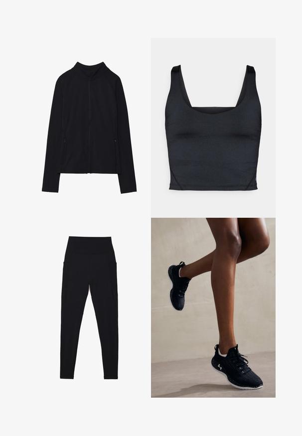 Chaqueta negra con cremallera y cuello alto, hecha de un tejido suave. Presenta mangas raglán y dos bolsillos laterales con cremallera. Textura suave.; Top corto negro sin mangas con tejido suave y elástico, tirantes anchos y escote cuadrado con detalles mínimos de costura.; Leggings negros hechos de una tela elástica con una cintura alta y acanalada. Presentan bolsillos laterales y un diseño sin costuras para mayor comodidad.; Zapatillas deportivas negras con parte superior texturizada, acentos blancos y una suela moteada, que cuentan con cordones y un diseño acolchado para mayor soporte.
