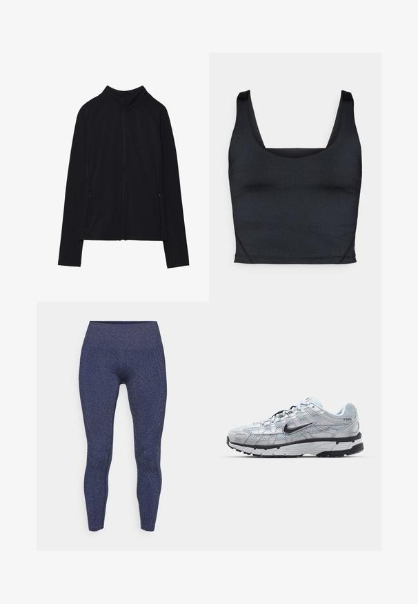 Casaco preto com fecho, com gola alta, feito de um tecido suave. Possui mangas raglan e dois bolsos laterais com fecho zip. Textura lisa.; Top preto cropped com tecido liso e elástico, alças largas e decote quadrado com detalhes mínimos de costura.; Leggings azul marinho com um acabamento texturizado e brilhante. Apresenta uma cintura alta e costuras de contorno para uma silhueta ajustada.; Ténis Nike P-6000 com um cabedal em malha cinza claro, detalhes em preto e uma sola de borracha preta durável. Apresenta um design intrincado e um sistema de atacadores.