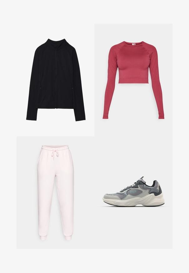 Fekete, cipzáros dzseki magas gallérral, puha anyagból készült. Raglán ujjakkal és két cipzáras oldalzsebbel rendelkezik. Simább textúra.; Hosszú ujjú, pirosra festett cropped felső, rugalmas anyagból készült. Kerek nyakkivágással és bordázott aljjal, valamint mandzsettával rendelkezik. Simaság jellemzi.; Világos rózsaszín melegítőnadrág puha anyagból, elasztikus derékkal, amely kötőfűzős, oldal zsebekkel és mandzsettás bokával rendelkezik.; Szürke és világosszürke sneaker, textúrált felsőrésszel, párnázott nyelvvel és fekete részletekkel. Vastag fehér hab középtalppal és fekete külső talppal rendelkezik.
