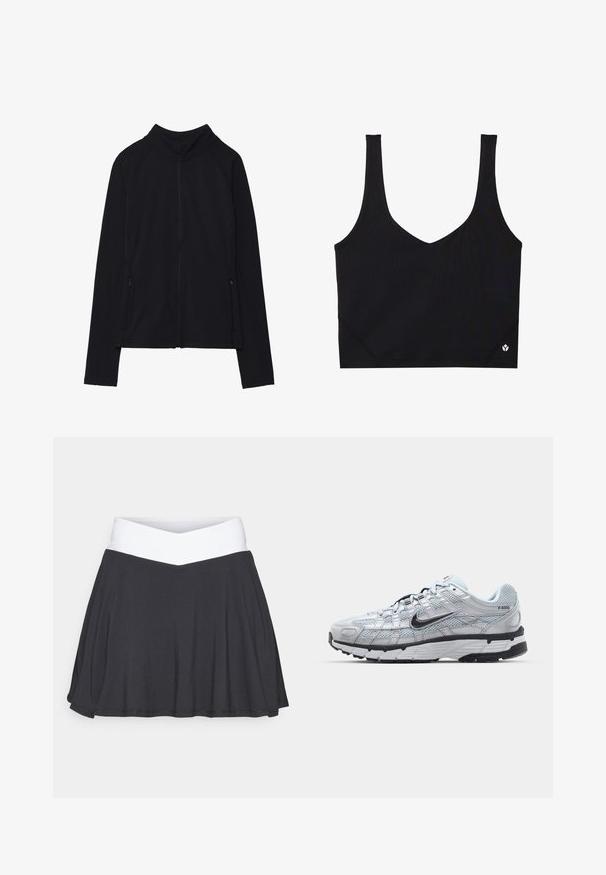 Zwarte zip-up jas met een hoge kraag, gemaakt van zacht materiaal. Voorzien van raglanmouwen en twee ritssluitingen aan de zijkant. Glad textuur.; Zwarte sportbeha met brede banden, een V-hals ontwerp, gestructureerde stof en logo detail aan de zoom. Gladde afwerking, minimalistische stijl.; Zwarte skort met een witte crossover tailleband. Gemaakt van zacht, rekbaar materiaal, met een uitlopende snit en een gladde textuur.; Nike P-6000 sneakers met een lichtgrijze mesh bovenkant, zwarte accenten en een duurzame zwarte rubberen zool. Kenmerkt zich door een ingewikkeld ontwerp en vetersysteem.