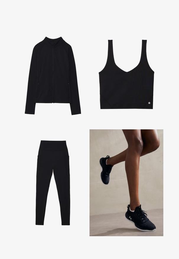 Czarna kurtka zapinana na zamek z wysokim kołnierzem, wykonana z miękkiego materiału. Posiada rękawy raglanowe oraz dwie kieszenie boczne zapinane na zamek. Gładka tekstura.; Czarny sportowy biustonosz z szerokimi ramiączkami, dekoltem w kształcie litery V, teksturowanym materiałem i logo na dolnym wykończeniu. Gładkie wykończenie, minimalistyczny styl.; Czarne legginsy wykonane z elastycznej tkaniny z wysokim, prążkowanym pasem. Posiadają boczne kieszenie i bezszwowy design dla większego komfortu.; Czarne buty sportowe z teksturowaną cholewką, białymi akcentami i nakrapianą podeszwą, z sznurowadłami i wyściełanym designem dla wsparcia.
