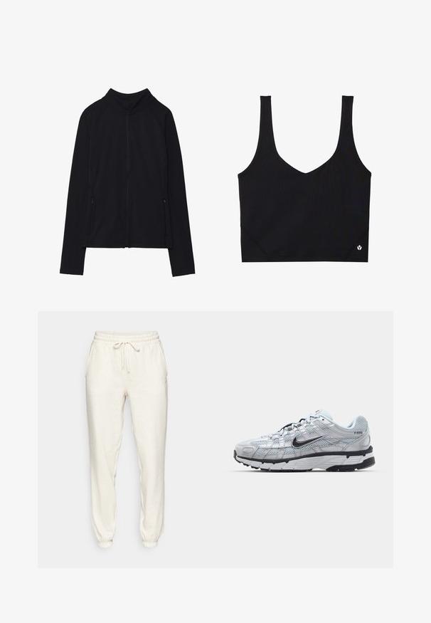 Schwarze Zip-Jacke mit hohem Kragen, aus weichem Stoff gefertigt. Verfügt über Raglanärmel und zwei seitliche Reißverschlusstaschen. Glatte Textur.; Schwarzer Sport-BH mit breiten Trägern, einem V-Ausschnitt-Design, strukturiertem Stoff und Logodetail am Saum. Glatte Oberfläche, minimalistischer Stil.; Helle beige Sweatpants aus weichem Stoff, mit einem elastischen Bund und Kordelzug, seitlichen Taschen und Bündchen an den Knöcheln.; Nike P-6000 Sneakers mit einem Obermaterial aus leichtem grauem Mesh, schwarzen Akzenten und einer langlebigen schwarzen Gummisohle. Verfügt über ein komplexes Design und ein Schnürsystem.