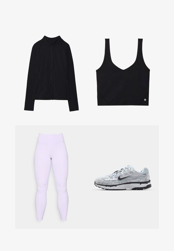 Giacca nera con zip e colletto alto, realizzata in tessuto morbido. Presenta maniche raglan e due tasche laterali con zip. Texture liscia.; Top sportivo nero con spalline larghe, design a V, tessuto testurizzato e dettaglio del logo all'orlo. Finitura liscia, stile minimale.; Leggings lilla con una vita alta, realizzati in un tessuto elastico e liscio. Design aderente senza motivi o accenti visibili.; Sneakers Nike P-6000 con una toma superiore in mesh grigio chiaro, accenti neri e una resistente suola in gomma nera. Dotati di un design intricato e di un sistema di allacciatura.
