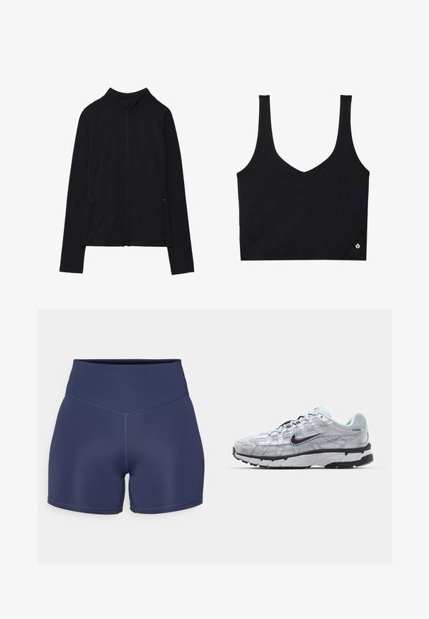 Sort zip-up jakke med høj krave, lavet af blødt stof. Den har raglanærmer og to lynlåslommer på siden. Glat tekstur.; Sort sportsbh med brede stropper, V-hals design, tekstureret stof og logodetalje ved kanten. Glat finish, minimalistisk stil.; Mørkeblå træningsshorts lavet af strækbart materiale med en høj talje, der har sømløs syning og en tætsiddende pasform.; Nike P-6000 sneakers med en lys grå mesh overdel, sorte accenter og en holdbar sort gummisål. Har et detaljeret design og snøresystem.