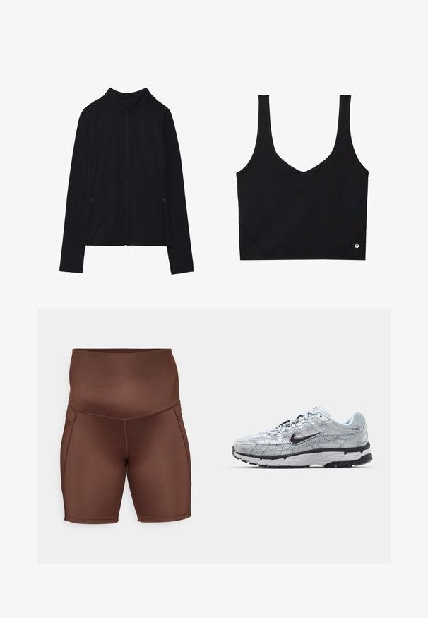 Juoda zip-up striukė su aukštu apykakle, pagaminta iš švelnios medžiagos. Su raglaninės rankovėmis ir dviem užtrauktukais uždaromais šoninių kišenėmis. Lygi tekstūra.; Juoda sportinė liemenėlė su plačiomis petnešomis, V formos iškirpte, tekstūruotu audiniu ir logotipo detale apatiniame krašte. Lygus paviršius, minimalistinis stilius.; Rudos sportiniai šortai su aukštu juosmeniu, lygia tekstūra ir plokščiais siūlais. Dizainas pasižymi prigludusia forma ir kelio ilgio kirpimu.; Nike P-6000 sportbačiai su šviesiai pilku tinkleliu, juodais akcentais ir patvariu juodu guminėm padais. Yra sudėtingas dizainas ir raištelių sistema.