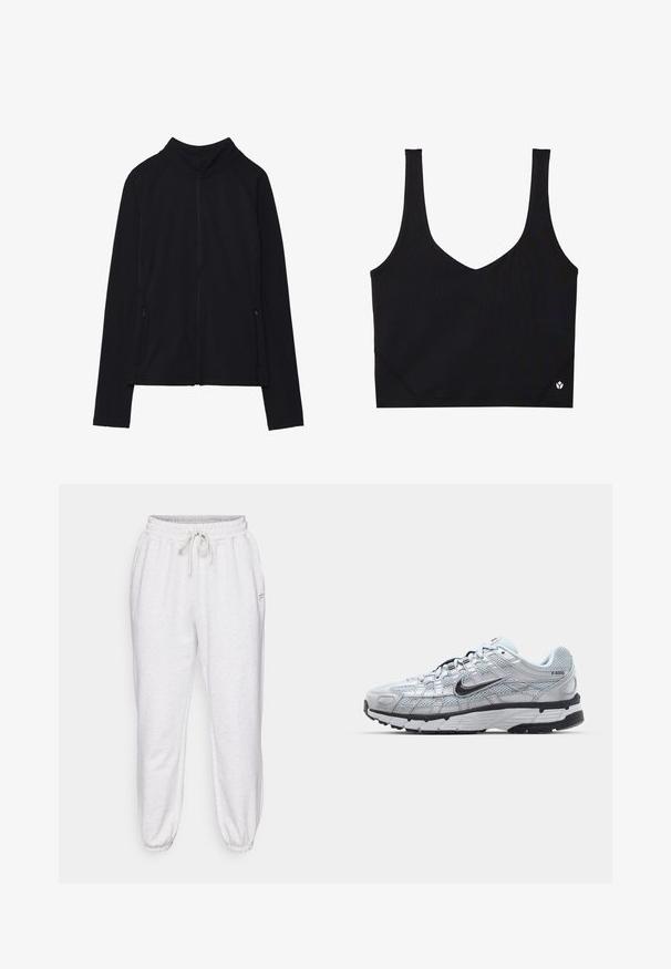 Melnā jaku ar rāvējslēdzēju, augsts apkakle, izgatavota no mīkstas auduma. Iekļautas raglan piedurknes un divas sānu kabatas ar rāvējslēdzējiem. Plūdena tekstūra.; Melnā sporta krūšturis ar platām siksnām, V-veida dizains, teksturēta auduma materiāls un logo detaļa apakšmalā. Gluda apdare, minimālisma stils.; Gai pelēki treniņbikses, izgatavotas no mīksta auduma, ar elastīgu jostu, auklu un sašaurinātiem piedurknēm, kā arī sānu kabatām.; Nike P-6000 sporta apavi ar gaiši pelēku tīkla augšdaļu, melniem akcentiem un izturīgu melnu gumijas zoli. Iekļauj sarežģītu dizainu un saites sistēmu.