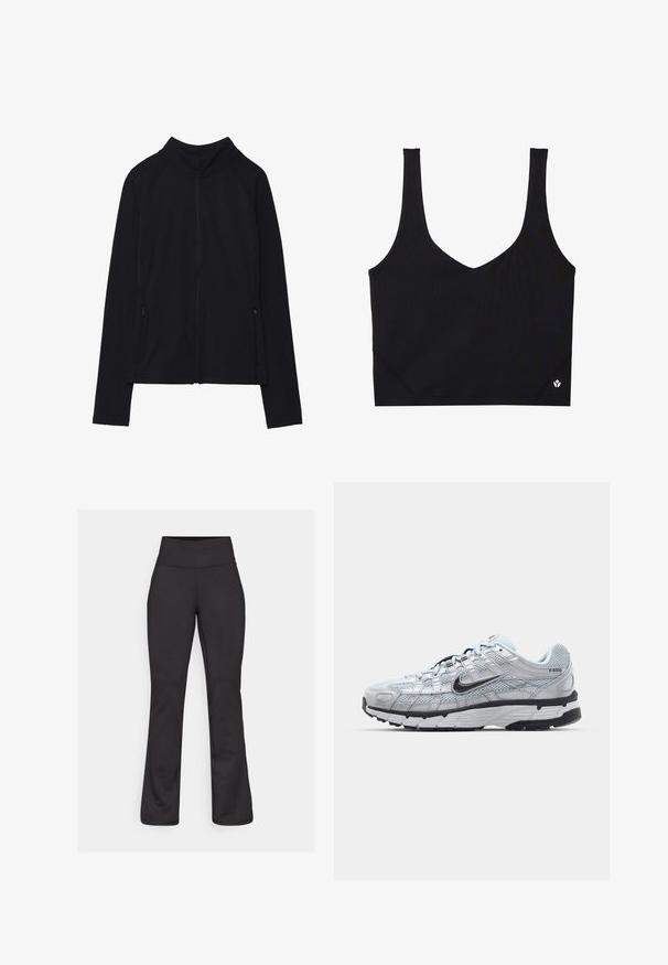 Sort zip-up jakke med høj krave, lavet af blødt stof. Den har raglanærmer og to lynlåslommer på siden. Glat tekstur.; Sort sportsbh med brede stropper, V-hals design, tekstureret stof og logodetalje ved kanten. Glat finish, minimalistisk stil.; Sorte flared yoga leggings lavet af strækbart materiale. Høj talje, glat tekstur og ingen synlige mønstre eller hardware detaljer.; Nike P-6000 sneakers med en lys grå mesh overdel, sorte accenter og en holdbar sort gummisål. Har et detaljeret design og snøresystem.