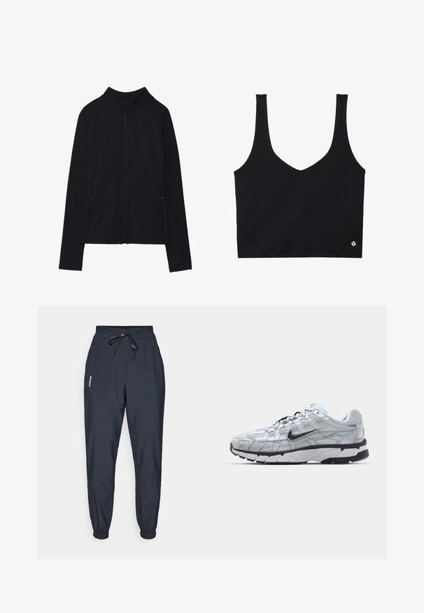 Čierna zipsová bunda s vysokým golierom, vyrobená z jemného materiálu. Má raglánové rukávy a dve bočné vrecká na zips. Hladká textúra.; Čierny športový podprsenka so širokými ramienkami, dizajnom do V, textúrovanou tkaninou a logom na leme. Hladký povrch, minimalistický štýl.; Tmavomodré jogger nohavice s elastickým pásom a nastaviteľnou šnúrkou. Obsahujú zúžené manžety a bočný detail s logom.; Tenisky Nike P-6000 s vrchným materiálom z jemnej šedej sieťoviny, čiernymi akcentmi a odolnou čiernou gumovou podrážkou. Obsahujú jemný dizajn a systém šnurovania.