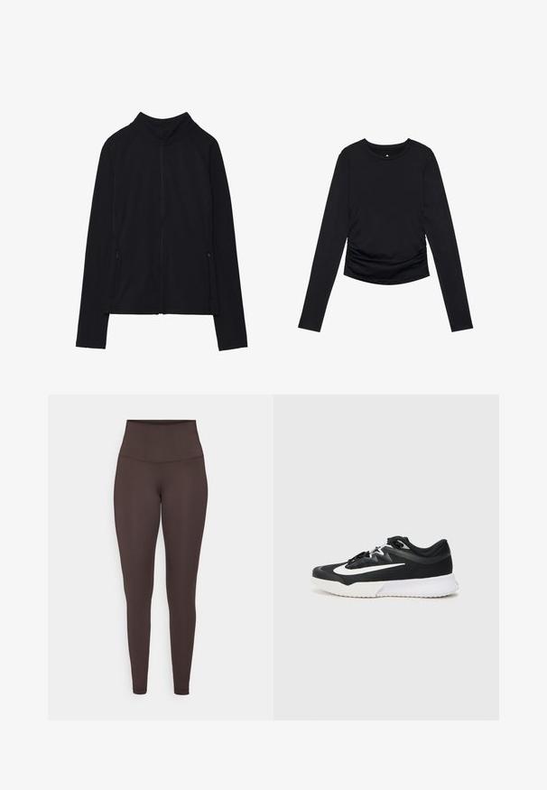 Zwarte zip-up jas met een hoge kraag, gemaakt van zacht materiaal. Voorzien van raglanmouwen en twee ritssluitingen aan de zijkant. Glad textuur.; Zwarte lange mouw top met een ronde halslijn en geplooide details aan de zijkanten, getoond tegen een plain witte achtergrond.; Bruine high-waisted leggings van een rekbaar, glad materiaal. Heeft een aansluitend ontwerp zonder zichtbare naden of patronen.; Zwarte sportieve schoen met witte accenten, met een gestructureerde bovenkant, ronde neus, platte veters en een dikke witte rubberen zool.
