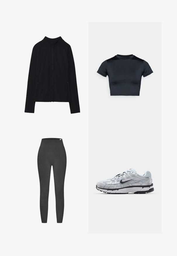 Giacca nera con zip e colletto alto, realizzata in tessuto morbido. Presenta maniche raglan e due tasche laterali con zip. Texture liscia.; T-shirt corta nera con maniche corte, realizzata in tessuto liscio. Presenta una scollatura rotonda e un dettaglio minimale di cuciture all'orlo.; Leggings neri a vita alta realizzati in un tessuto elasticizzato e testurizzato. Presentano una cintura liscia e una silhouette aderente. Senza motivi visibili.; Sneakers Nike P-6000 con una toma superiore in mesh grigio chiaro, accenti neri e una resistente suola in gomma nera. Dotati di un design intricato e di un sistema di allacciatura.