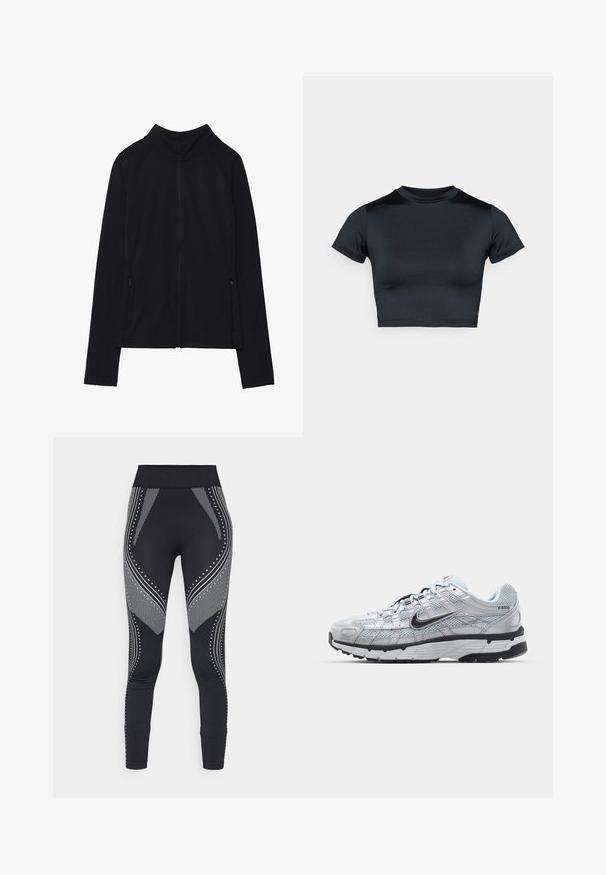 Svart zip-up jacka med hög krage, tillverkad av mjukt tyg. Har raglanärmar och två dragkedjefickor på sidan. Slät textur.; Svart crop top med korta ärmar, tillverkad av slät tyg. Har en rund halsringning och minimal sömdetalj vid fållen.; Svarta leggings med en bred midja, prydda med metallisk silverdesign och accenter, inklusive linjer och prickar längs sidorna.; Nike P-6000 sneakers med en ljusgrå nätövre, svarta accenter och en hållbar sula i svart gummi. Har en intrikat design och snörningssystem.