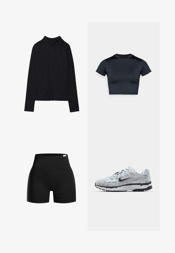 Svart zip-up jacka med hög krage, tillverkad av mjukt tyg. Har raglanärmar och två dragkedjefickor på sidan. Slät textur.; Svart crop top med korta ärmar, tillverkad av slät tyg. Har en rund halsringning och minimal sömdetalj vid fållen.; Svarta högmidjade shorts tillverkade av mjukt, elastiskt material med ett brett midjeband och kort innersöm, med en subtil lyster.; Nike P-6000 sneakers med en ljusgrå nätövre, svarta accenter och en hållbar sula i svart gummi. Har en intrikat design och snörningssystem.