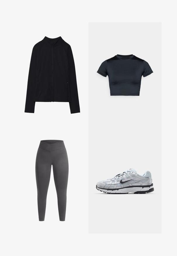 Giacca nera con zip e colletto alto, realizzata in tessuto morbido. Presenta maniche raglan e due tasche laterali con zip. Texture liscia.; T-shirt corta nera con maniche corte, realizzata in tessuto liscio. Presenta una scollatura rotonda e un dettaglio minimale di cuciture all'orlo.; Leggings grigi alti in vita con una fascia incrociata testurizzata. Il tessuto è morbido e elasticizzato, progettato per il comfort e la mobilità.; Sneakers Nike P-6000 con una toma superiore in mesh grigio chiaro, accenti neri e una resistente suola in gomma nera. Dotati di un design intricato e di un sistema di allacciatura.