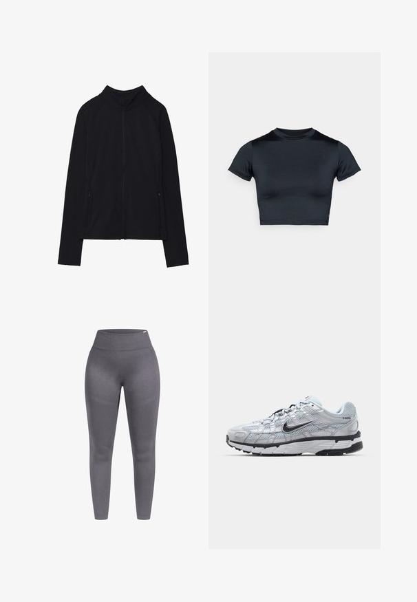 Schwarze Zip-Jacke mit hohem Kragen, aus weichem Stoff gefertigt. Verfügt über Raglanärmel und zwei seitliche Reißverschlusstaschen. Glatte Textur.; Schwarzes kurzes T-Shirt mit kurzen Ärmeln, hergestellt aus glattem Stoff. Verfügt über einen Rundhalsausschnitt und minimale Nahtdetails am Saum.; Graue Leggings mit hohem Bund, aus strukturiertem Stoff und mit enganliegendem Schnitt. Verfügen über glatte Nähte und ein schmal zulaufendes Bein.; Nike P-6000 Sneakers mit einem Obermaterial aus leichtem grauem Mesh, schwarzen Akzenten und einer langlebigen schwarzen Gummisohle. Verfügt über ein komplexes Design und ein Schnürsystem.