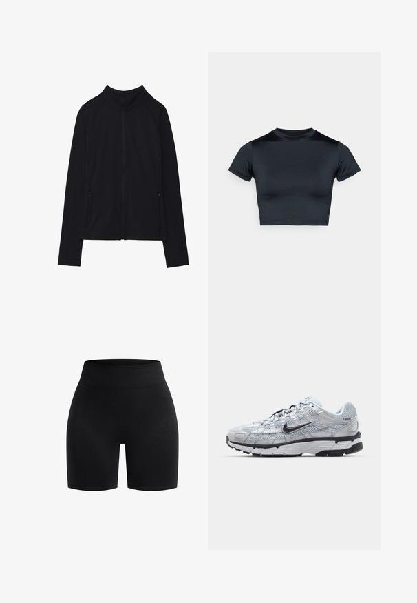 Czarna kurtka zapinana na zamek z wysokim kołnierzem, wykonana z miękkiego materiału. Posiada rękawy raglanowe oraz dwie kieszenie boczne zapinane na zamek. Gładka tekstura.; Even&Odd active - T-shirt basic; Czarne spodenki sportowe wykonane z elastycznej tkaniny, z szerokim prążkowanym pasem i gładką fakturą, z krojem do połowy uda.; Nike P-6000 sneakers z jasnoszarym siateczkowym wierzchem, czarnymi akcentami i trwałą czarną gumową podeszwą. Charakteryzują się skomplikowanym wzornictwem i systemem sznurowania.