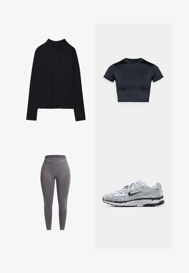 Zwarte zip-up jas met een hoge kraag, gemaakt van zacht materiaal. Voorzien van raglanmouwen en twee ritssluitingen aan de zijkant. Glad textuur.; Zwart cropped T-shirt met korte mouwen, gemaakt van gladde stof. Heeft een ronde hals en minimale stikseldetails aan de zoom.; Grijze naadloze leggings met een hoge tailleband, voorzien van witte merktekst. Gemaakt van een rekbare, soepele stof voor comfort.; Nike P-6000 sneakers met een lichtgrijze mesh bovenkant, zwarte accenten en een duurzame zwarte rubberen zool. Kenmerkt zich door een ingewikkeld ontwerp en vetersysteem.