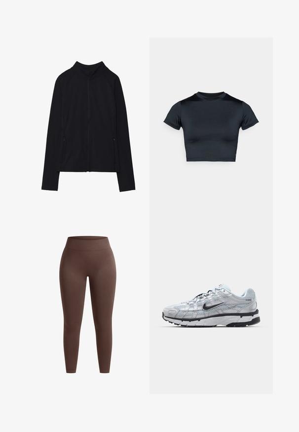 Svart zip-up jacka med hög krage, tillverkad av mjukt tyg. Har raglanärmar och två dragkedjefickor på sidan. Slät textur.; Svart crop top med korta ärmar, tillverkad av slät tyg. Har en rund halsringning och minimal sömdetalj vid fållen.; Bruna högmidjade leggings gjorda av ett mjukt, stretchigt tyg. Har en åtsittande form med en sömlös midja för komfort och flexibilitet.; Nike P-6000 sneakers med en ljusgrå nätövre, svarta accenter och en hållbar sula i svart gummi. Har en intrikat design och snörningssystem.