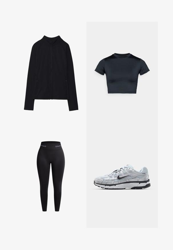 Zwarte zip-up jas met een hoge kraag, gemaakt van zacht materiaal. Voorzien van raglanmouwen en twee ritssluitingen aan de zijkant. Glad textuur.; Zwart cropped T-shirt met korte mouwen, gemaakt van gladde stof. Heeft een ronde hals en minimale stikseldetails aan de zoom.; Zwarte leggings gemaakt van rekbaar materiaal met een hoge elastische tailleband waarop de tekst "SMIL" in het wit staat. Gladde textuur en aansluitend ontwerp.; Nike P-6000 sneakers met een lichtgrijze mesh bovenkant, zwarte accenten en een duurzame zwarte rubberen zool. Kenmerkt zich door een ingewikkeld ontwerp en vetersysteem.