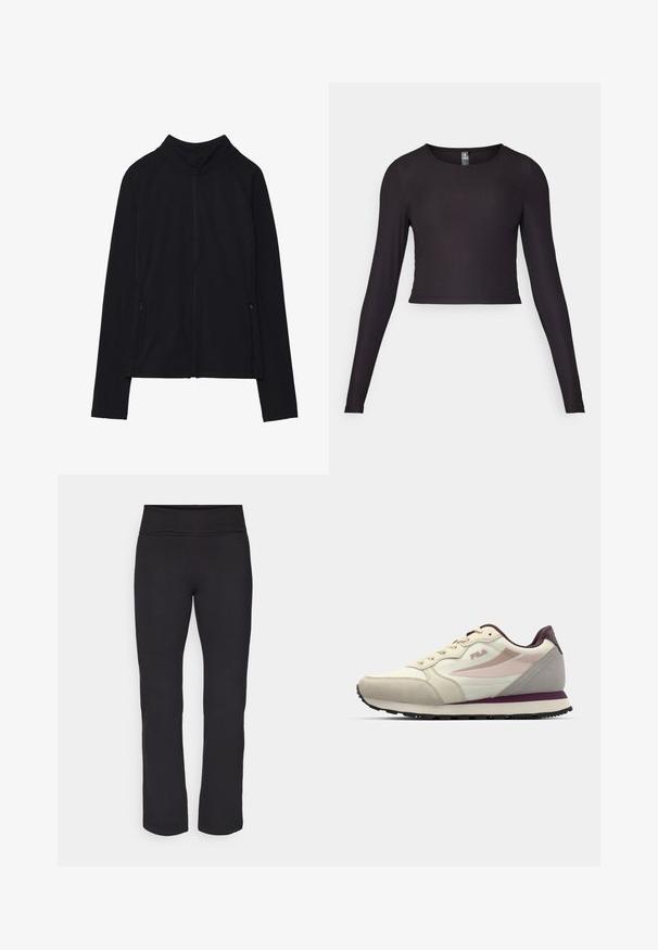 Giacca nera con zip e colletto alto, realizzata in tessuto morbido. Presenta maniche raglan e due tasche laterali con zip. Texture liscia.; Top cropped a maniche lunghe nero realizzato in tessuto a coste. Presenta un collo rotondo e una silhouette aderente con superficie strutturata.; Leggings neri realizzati in un tessuto liscio ed elastico, con una cintura larga. Hanno gambe dritte e di lunghezza intera, senza motivi o accenti visibili.; Sneaker crema e grigio chiaro con finitura testurizzata, caratterizzata da accenti rosa e bordeaux, design con lacci e suola in gomma nera.