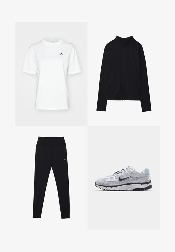 Črna zip-up jakna z visokim ovratnikom, narejena iz mehkega materiala. Ima raglan rokave in dve žepni zadrgi na straneh. Gladka tekstura.; Bela bombažna majica s kratkimi rokavi, krožnim izrezom in majhnim črnim Jordan logotipom na zgornjem levem predelu prsi.; Črne legice iz raztegljivega materiala, z širokim brezšivnim pasom in minimalnim belim logotipom blizu bokov. Gladka tekstura.; Nike P-6000 športni copati z lahkim sivim mrežastim zgornjim delom, črnimi dodatki in trdim črnim gumijastim podplatom. Imajo zapleten dizajn in sistem vezalk.