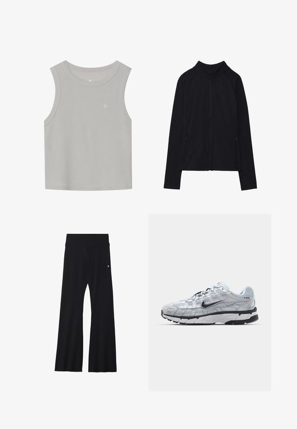 Giacca nera con zip e colletto alto, realizzata in tessuto morbido. Presenta maniche raglan e due tasche laterali con zip. Texture liscia.; Top senza maniche grigio chiaro realizzato in tessuto a coste; presenta un colletto rotondo e un piccolo logo bianco sulla parte anteriore. Design semplice.; Pantaloni yoga neri a campana in tessuto elasticizzato, con una cintura ampia e un piccolo logo vicino all'anca. Texture liscia, senza motivi.; Sneakers Nike P-6000 con una toma superiore in mesh grigio chiaro, accenti neri e una resistente suola in gomma nera. Dotati di un design intricato e di un sistema di allacciatura.
