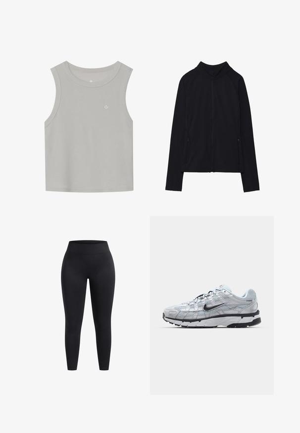 Schwarze Zip-Jacke mit hohem Kragen, aus weichem Stoff gefertigt. Verfügt über Raglanärmel und zwei seitliche Reißverschlusstaschen. Glatte Textur.; Hellgraues, ärmelloses Tanktop aus geripptem Stoff; verfügt über einen Rundhalsausschnitt und ein kleines weißes Logo auf der Vorderseite. Einfaches Design.; Hochbundige schwarze Leggings aus dehnbarem Stoff mit glatter Oberfläche und knöchellanger Passform. Keine Muster oder sichtbaren Hardwaredetails.; Nike P-6000 Sneakers mit einem Obermaterial aus leichtem grauem Mesh, schwarzen Akzenten und einer langlebigen schwarzen Gummisohle. Verfügt über ein komplexes Design und ein Schnürsystem.