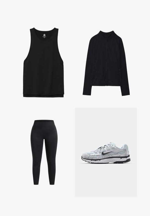 Giacca nera con zip e colletto alto, realizzata in tessuto morbido. Presenta maniche raglan e due tasche laterali con zip. Texture liscia.; Top senza maniche nero realizzato in tessuto liscio e traspirante, con scollatura rotonda e vestibilità comoda, caratterizzato da un orlo sottile sul fondo.; Leggings neri a vita alta realizzati in tessuto elasticizzato, con una superficie liscia e vestibilità alla caviglia. Senza motivi o dettagli hardware visibili.; Sneakers Nike P-6000 con una toma superiore in mesh grigio chiaro, accenti neri e una resistente suola in gomma nera. Dotati di un design intricato e di un sistema di allacciatura.