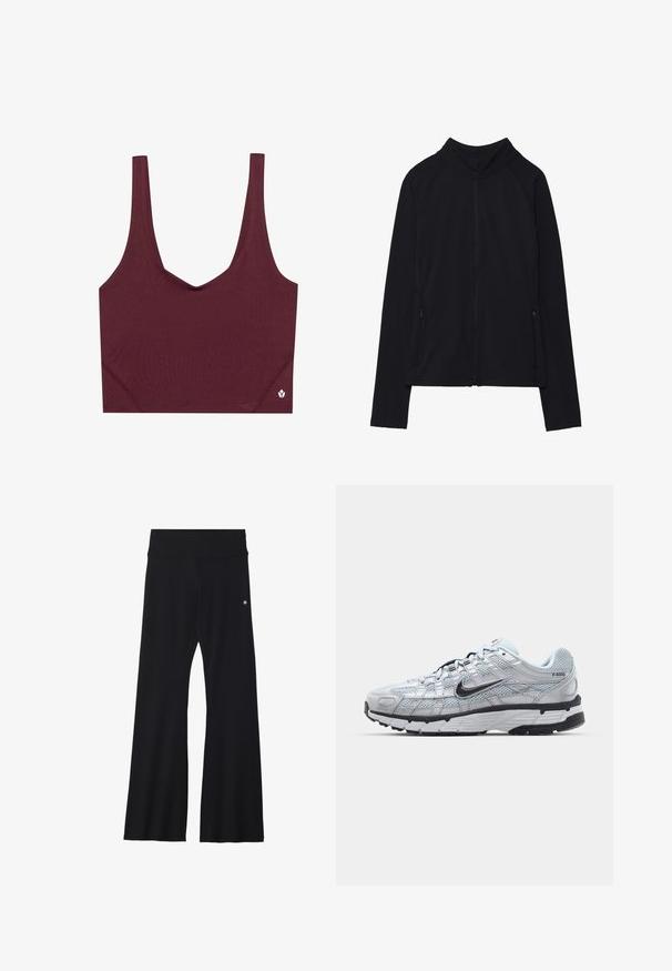 Juoda zip-up striukė su aukštu apykakle, pagaminta iš švelnios medžiagos. Su raglaninės rankovėmis ir dviem užtrauktukais uždaromais šoninių kišenėmis. Lygi tekstūra.; Burgundi sportinė liemenėlė su V formos iškirpte, pagaminta iš sklandaus audinio. Savybės: plačios petnešos ir mažas logotipas apatinėje dešinėje pusėje.; Juodi išsiplėtę jogos tamprės iš elastingos medžiagos, su plačiu juosmeniu ir mažuoju logotipu šalia klubo. Lygus paviršius, be raštų.; Nike P-6000 sportbačiai su šviesiai pilku tinkleliu, juodais akcentais ir patvariu juodu guminėm padais. Yra sudėtingas dizainas ir raištelių sistema.